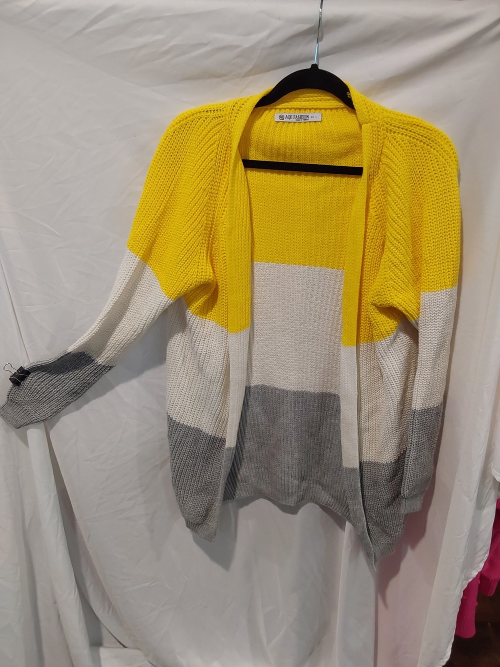Bright Yellow Colorblock Open Cardigan with White & Gray Panels